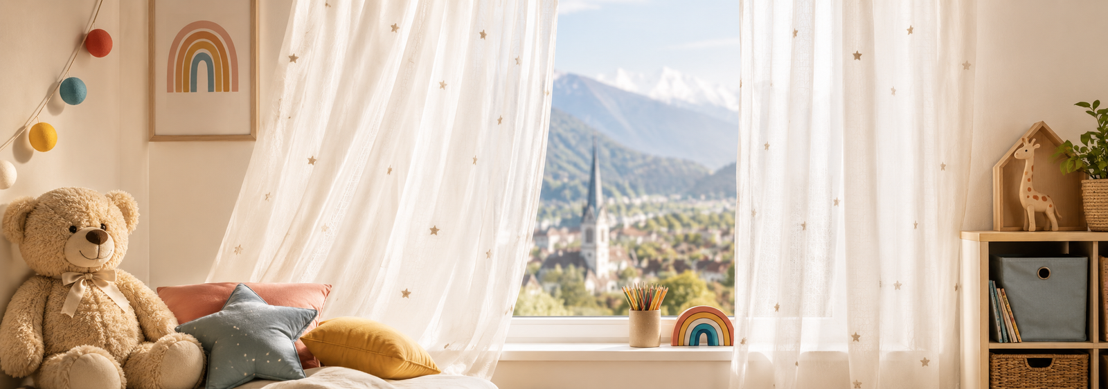 Helles Kinderzimmer mit liebevoll gestalteten Kindervorhängen von vorhingschweiz.com. Freundliche Farben, weiche Stoffe und gemütliche Atmosphäre für Kinderzimmer mit Vorhängen nach Mass.