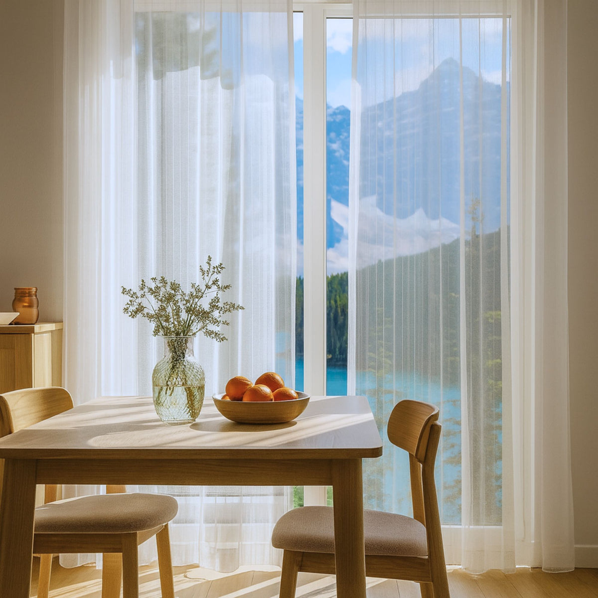 Tagesvorhang FREDDIE nach Mass am Fenster in hellem Wohnraum – transparenter, klassischer Vorhang mit feinem Effektgarn