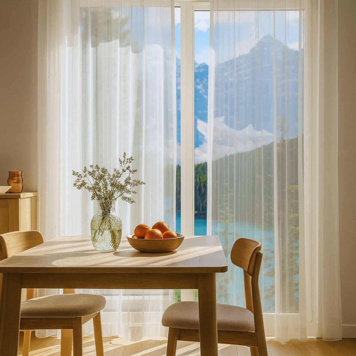 Rideau de jour FREDDIE sur mesure à la fenêtre d'un salon lumineux - rideau transparent et classique avec fil à effet fin